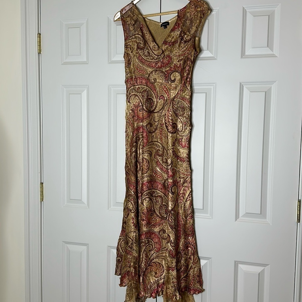 Komarov Gold Paisley Lace Detail Long Dress SzL - Picture 11 of 12
